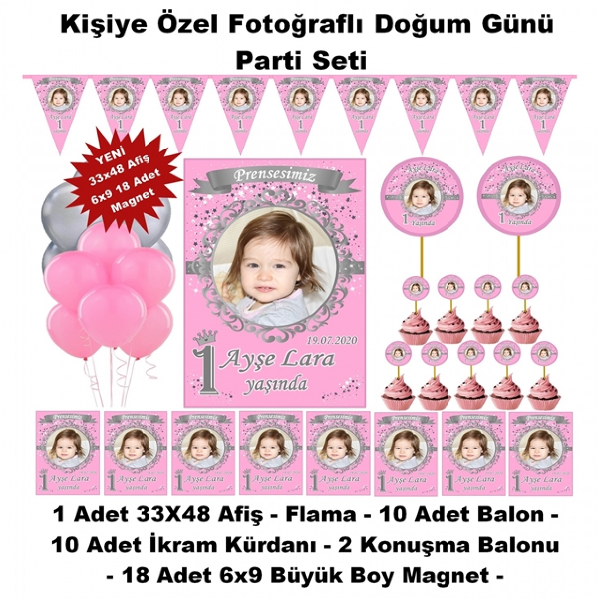 Prenses Doğum Günü Parti Seti Kişiye Özel Hediye Seti (33x48 Afiş-Flama-6x9 18 Magnet) 