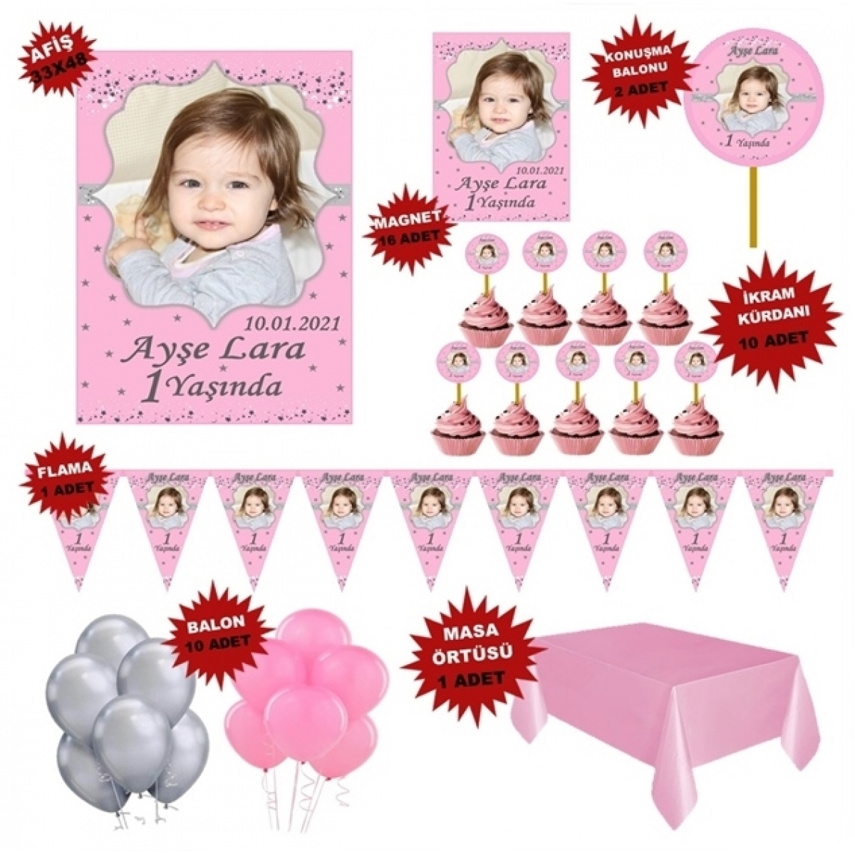 Prenses Temalı Doğum Günü Parti Seti Kişiye Özel Hediye Seti (33x48 Afiş-Flama-5x7 16 Magnet) 