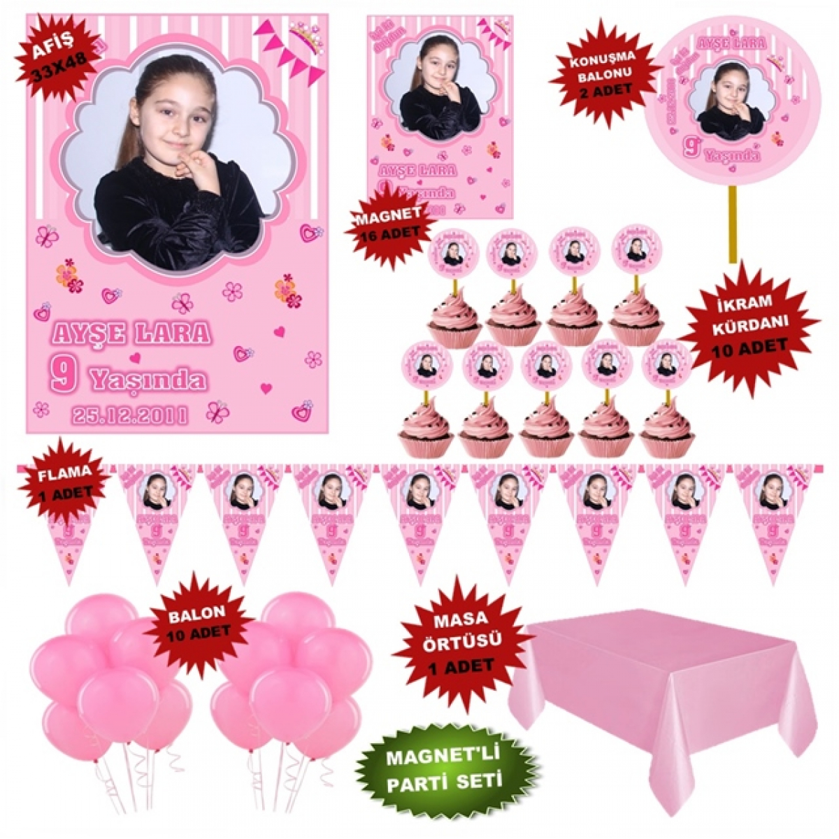 Prenses Temalı Doğum Günü Parti Seti Kişiye Özel Hediye Seti (33x48 Afiş-Flama-5x7 16 Magnet)