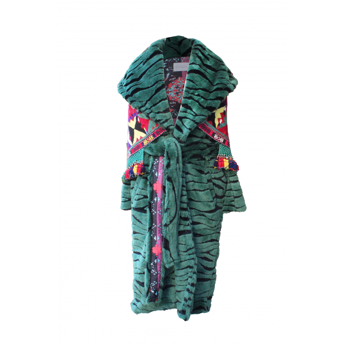 Uzbek Coat - Özbek Aksesuar Detaylı Yeşil Peluş Palto