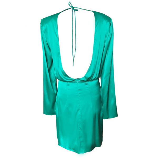%100 İpek Sırtı Açık Yeşil Gece Elbisesi