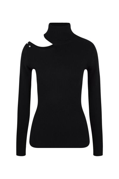Sweater - With Open Shoulder Strass Details - Black - White Sweater - With Open Shoulder Strass Details - Black - White