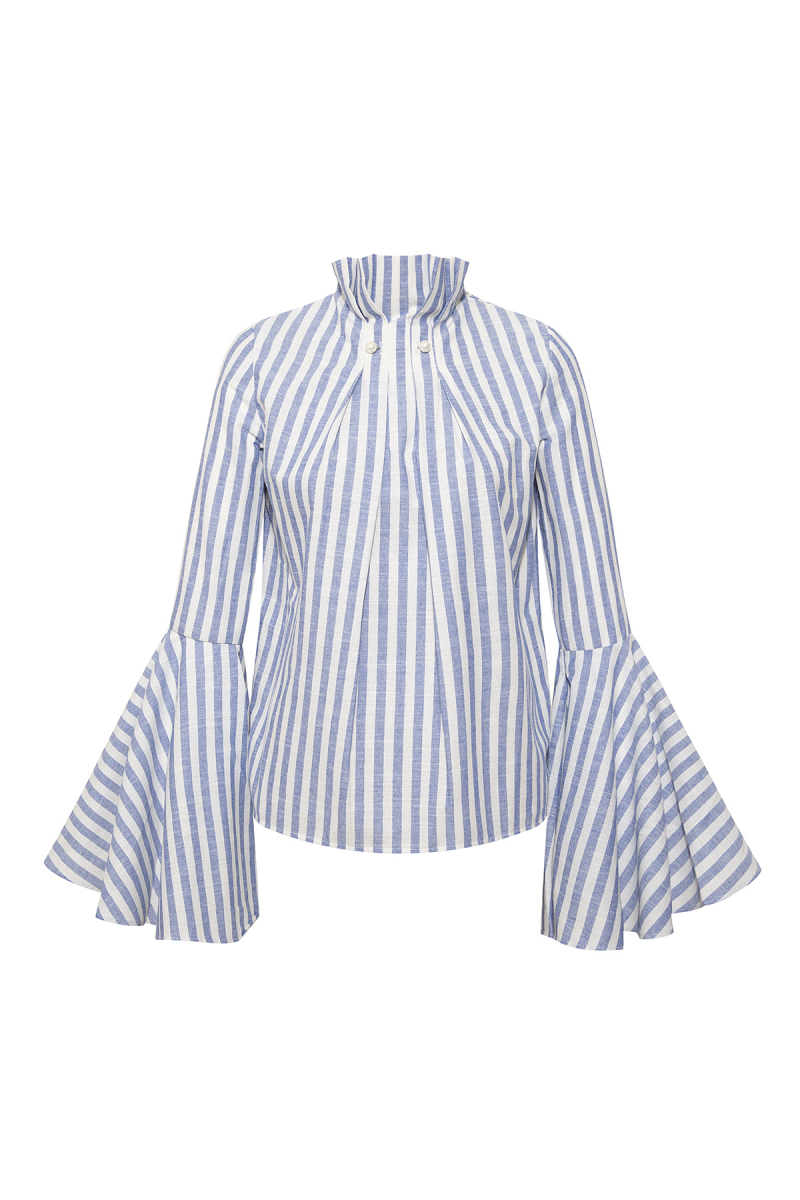 Pearl Brooch Blue and White Bold Stripe Shirt
